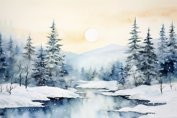 Winter landscape with river and pine trees. Digital watercolor painting