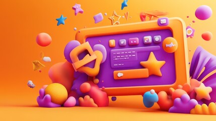 Poster - Colorful 3D interface with playful shapes and elements, suggesting a digital application or game.