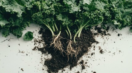 Canvas Print - Freshly harvested kale with roots and soil, showcasing its natural state.