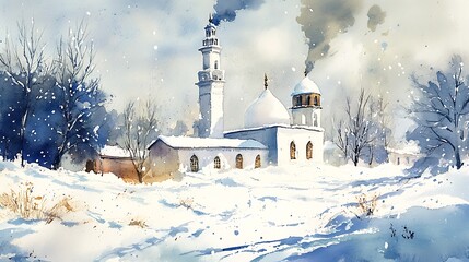 Watercolor Painting of a Mosque in the Snow.