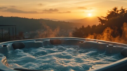 Wall Mural - A hot tub with bubbling water at sunset, surrounded by a serene landscape.