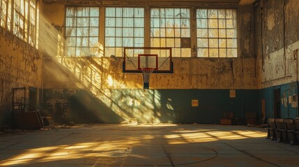 Canvas Print - Abandoned gym with sunlight streaming through dusty windows, highlighting the basketball court.