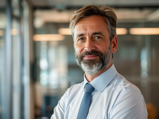 Professional man with a beard smiles confidently in a modern office setting during daylight hours