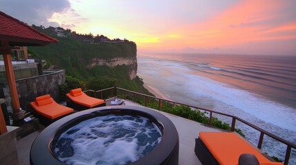 Canvas Print - A serene view of a hot tub overlooking the ocean at sunset.