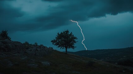 Canvas Print - A dramatic landscape featuring a tree and lightning striking under dark clouds.