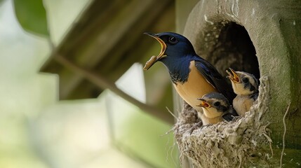 Canvas Print - A bird feeding its chicks in a nest, highlighting nurturing behavior in nature.