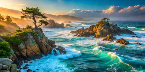 Wall Mural - Breathtaking coastal wilderness at dawn, showcasing rugged shorelines and turquoise waves crashing against rocks. serene beauty evokes sense of tranquility and awe