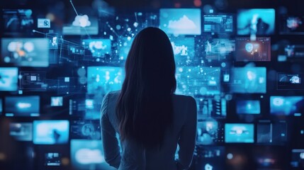 Aufkleber - A woman is looking at a computer screen with many different screens