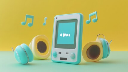 Sticker - A colorful illustration of a music player with headphones and speakers, symbolizing audio enjoyment.