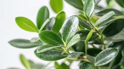 Wall Mural - Close-up of lush green leaves with a shiny texture against a bright background.