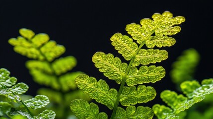 Wall Mural - Close-up of vibrant green fern leaves with droplets, showcasing natural beauty.