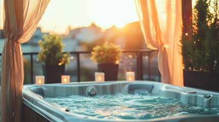 Canvas Print - A serene hot tub scene at sunset, evoking relaxation and tranquility.