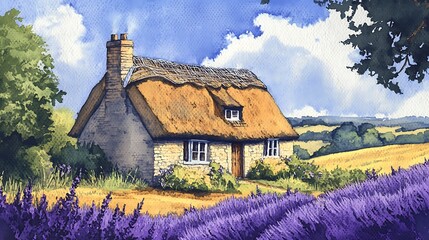 Wall Mural - Quaint Cottage Surrounded by Lavender Fields, Watercolor Painting.