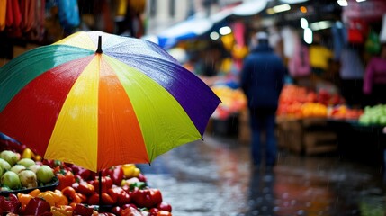 Canvas Print - A vibrant market scene with a colorful umbrella amidst fresh produce on a rainy day.