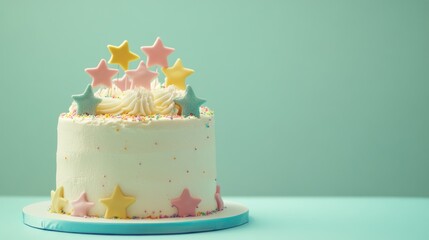 Wall Mural - A colorful birthday cake adorned with star-shaped decorations and sprinkles.