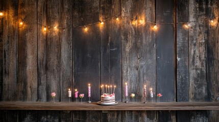 Sticker - A festive cake adorned with candles and flowers, set against a rustic wooden backdrop.