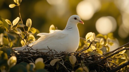 Canvas Print - A serene white dove resting in a nest surrounded by soft foliage and warm sunlight.