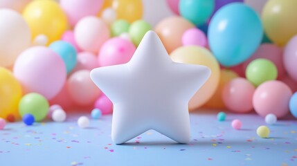 Poster - A white star decoration in front of colorful balloons, creating a festive atmosphere.