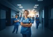 © YiuCheung - A smiling female doctor in blue scrubs stands in a hospital hallway, arms crossed, with other medical professionals walking by.