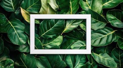 Wall Mural - A white frame placed on lush green leaves, creating a natural, artistic display.