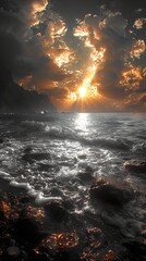 Wall Mural - Golden Sunset Over the Ocean - Dramatic Seascape Photography