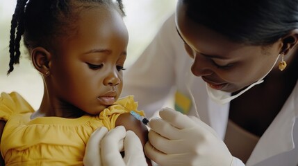 Sticker - A healthcare worker administers a vaccine to a young girl in a caring environment.