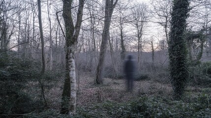 Sticker - A blurred figure stands in a misty, wooded area, evoking mystery and solitude.