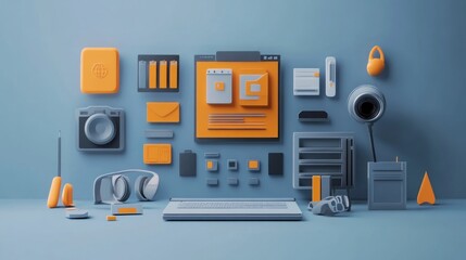 Canvas Print - A stylized arrangement of tech and office items in orange and gray tones.