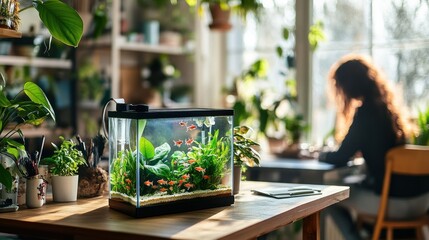 Sticker - A cozy indoor scene featuring a vibrant fish tank and a person working at a desk.