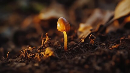 Wall Mural - A small mushroom sprouting from dark soil, illuminated by soft natural light.