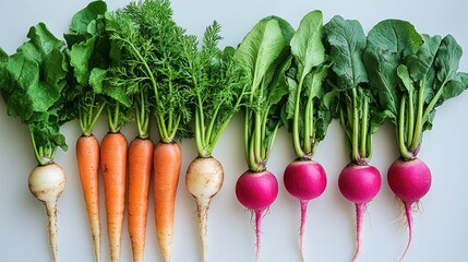 Wall Mural - Fresh vegetables including carrots, radishes, and turnips with leafy greens on display.