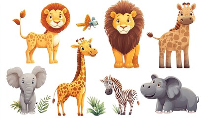  African zoo animals cartoon vector, featuring lions, zebras, and elephants, isolated on a clean white background
