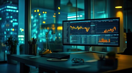 Canvas Print - A modern workspace featuring a computer displaying financial data and city lights at night.