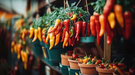 Poster - A vibrant display of hanging chili peppers in pots, showcasing a colorful garden setting.