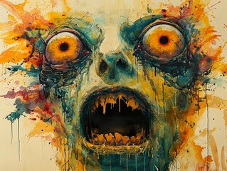 Wall Mural - Abstract Watercolor Painting of a Screaming Face: Horror, Surrealism, and Fear