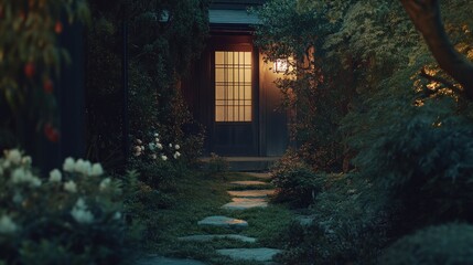 Poster - A serene garden path leading to a warmly lit entrance, surrounded by lush greenery.