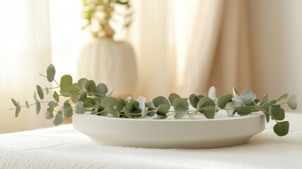 Sticker - A serene arrangement of eucalyptus leaves on a minimalist dish in a softly lit room.