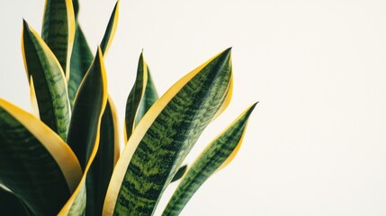 Sticker - A close-up of vibrant green snake plant leaves with yellow edges against a light background.