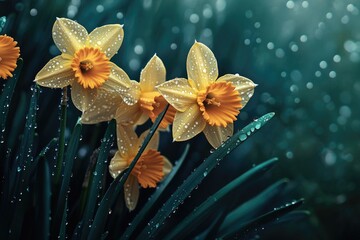 Wall Mural - Yellow Flowers with Water Droplets