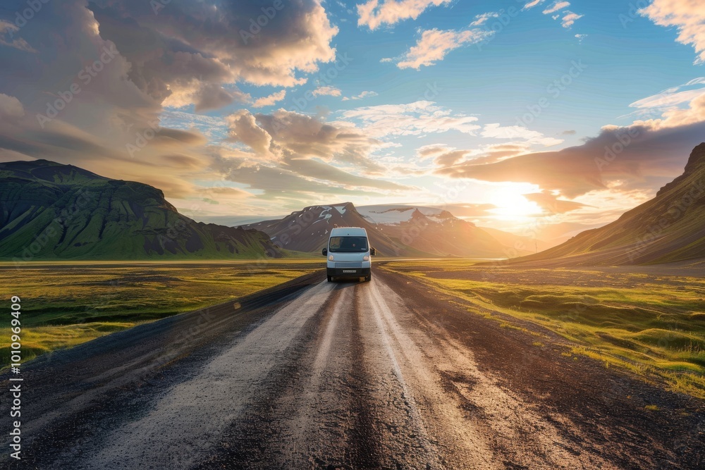 Motorhome camper van RV road trip. People on a travel vacation ...