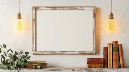 Decorative shelf with books, illuminated by hanging lights and empty photo frame.