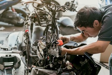 Motorcycle mechanic repairing bike at garage ,Checking and removing damaged motorcycle parts  ,Maintenance and repair concept.