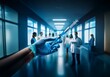 © YiuCheung - A hand wearing blue medical gloves holds a syringe filled with clear liquid.  The syringe is in focus and the background is blurred with several out-of-focus figures in a hospital hallway.