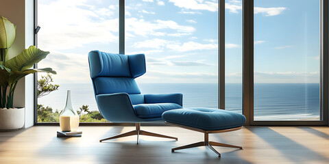 Poster - Blue modern armchair and footrest in bright interior with large window and sea view, render, modern, armchair, footrest