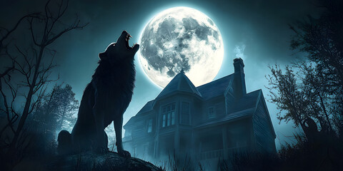 Canvas Print - Howling werewolf under full moon in front of haunted house, werewolf, full moon, howling, haunted house, spooky