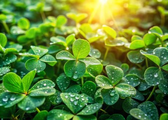 Sticker - A closeup of a lush green clover field, adorned with dewy vibrant leaves, captivates nature lovers and garden