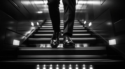 Wall Mural - feet of a young businessman energetically sprinting up a modern office staircase conveying urgency and ambition surrounded by sleek architecture and corporate vibe