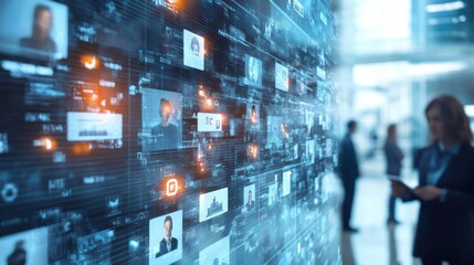 Fototapete - A computer screen displays a series of faces and icons