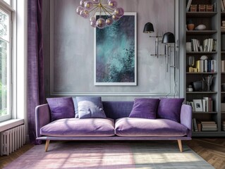 Scandinavian Chic: Modern Living Room with Violet Accents and Rustic DÃ©cor