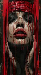 Canvas Print - Intense Portrait of a Woman with Blood Dripping Down Her Face